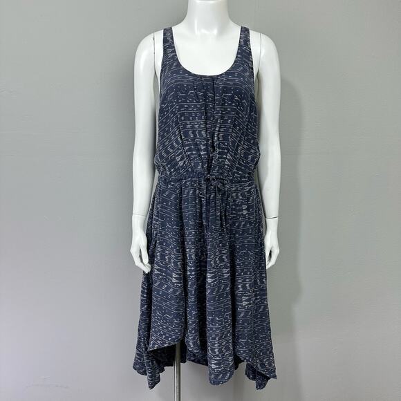 NSF Washed Silk Midi Dress Sz S Navy Blue Boho Printed Pockets Hi Low Scoop Neck - Picture 1 of 11